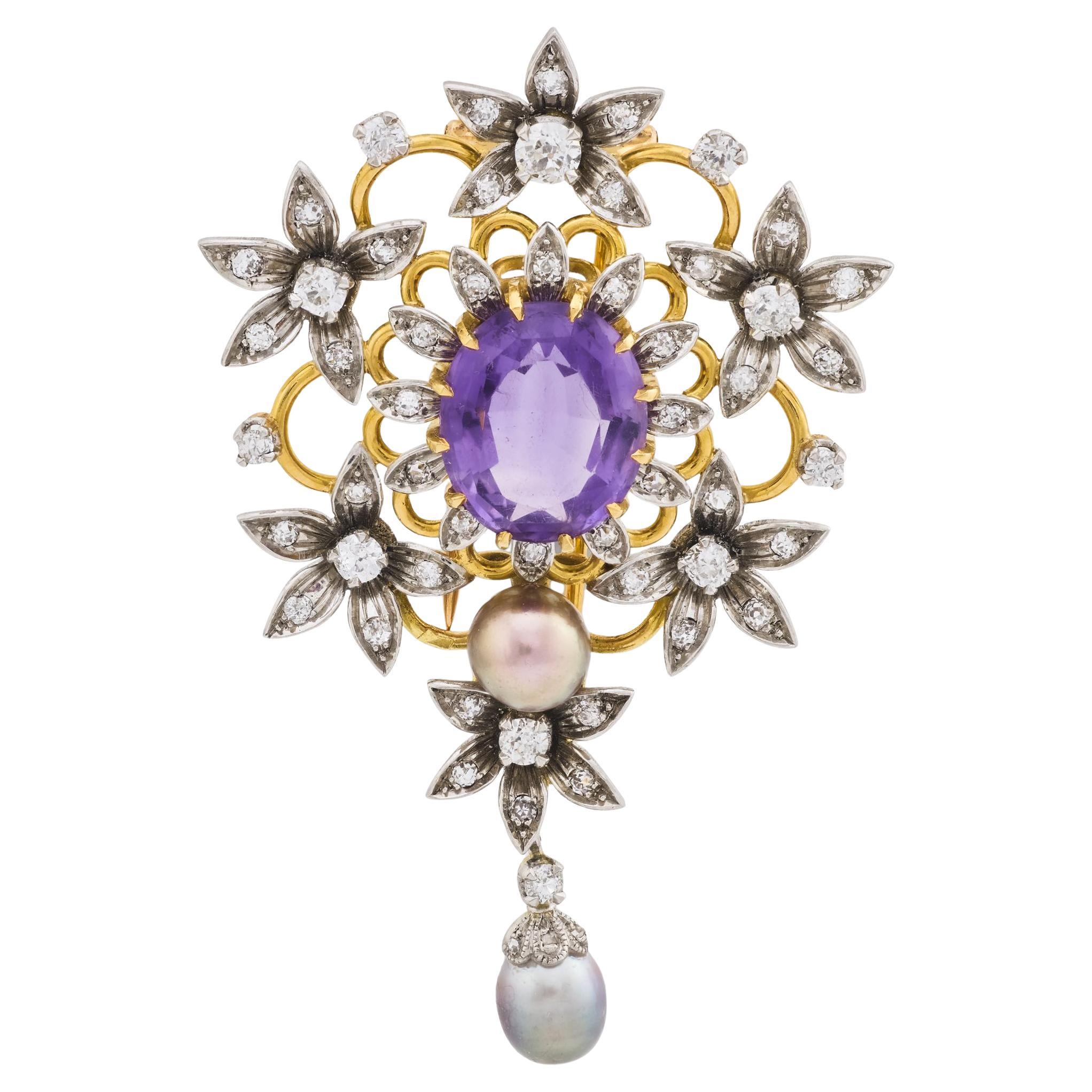 French Belle Epoque améthyste diamant perle 18k et platine broche