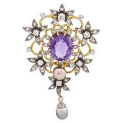 French Belle Epoque améthyste diamant perle 18k et platine broche