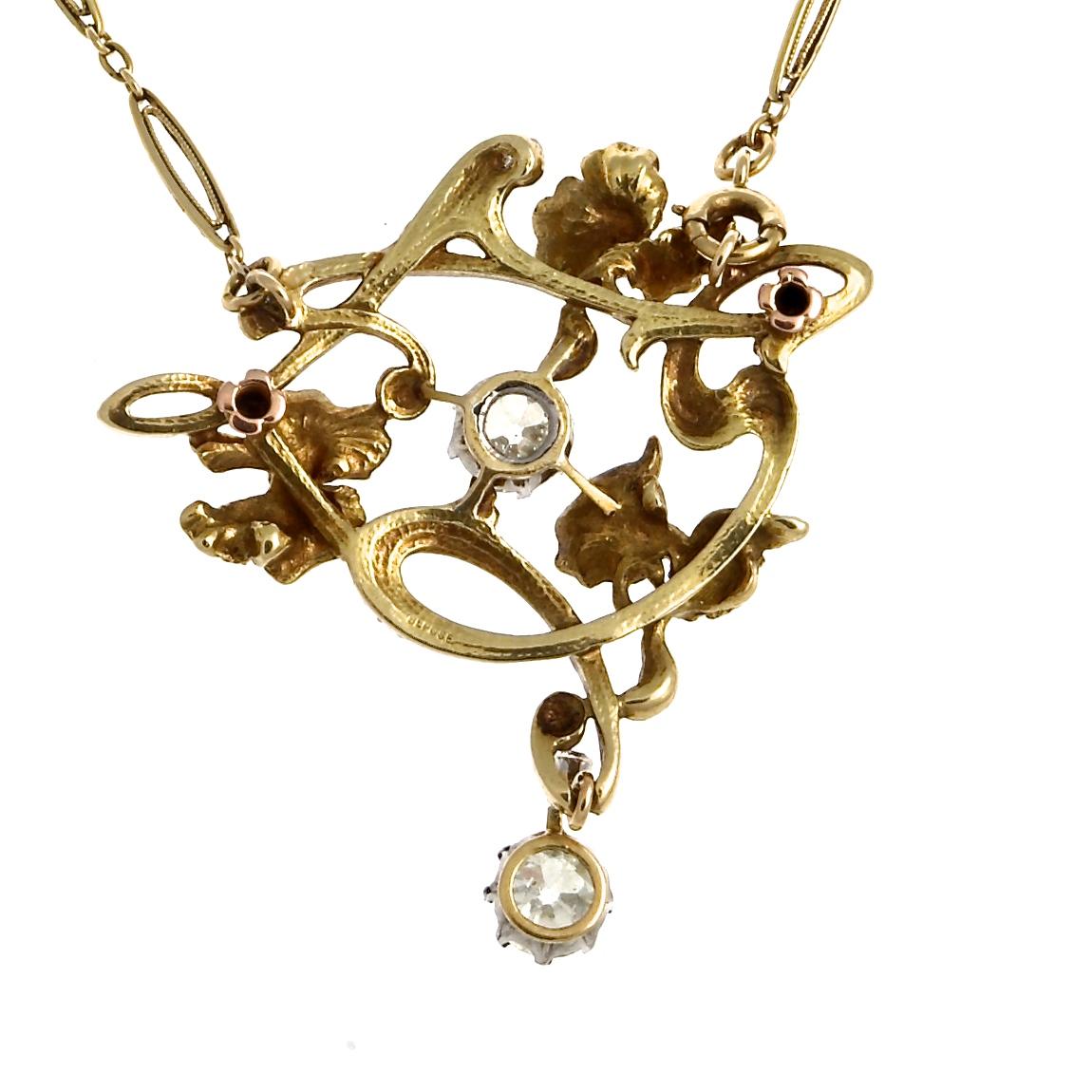 Belle Époque French Belle Epoqué Antique Diamond Gold Pendant Necklace