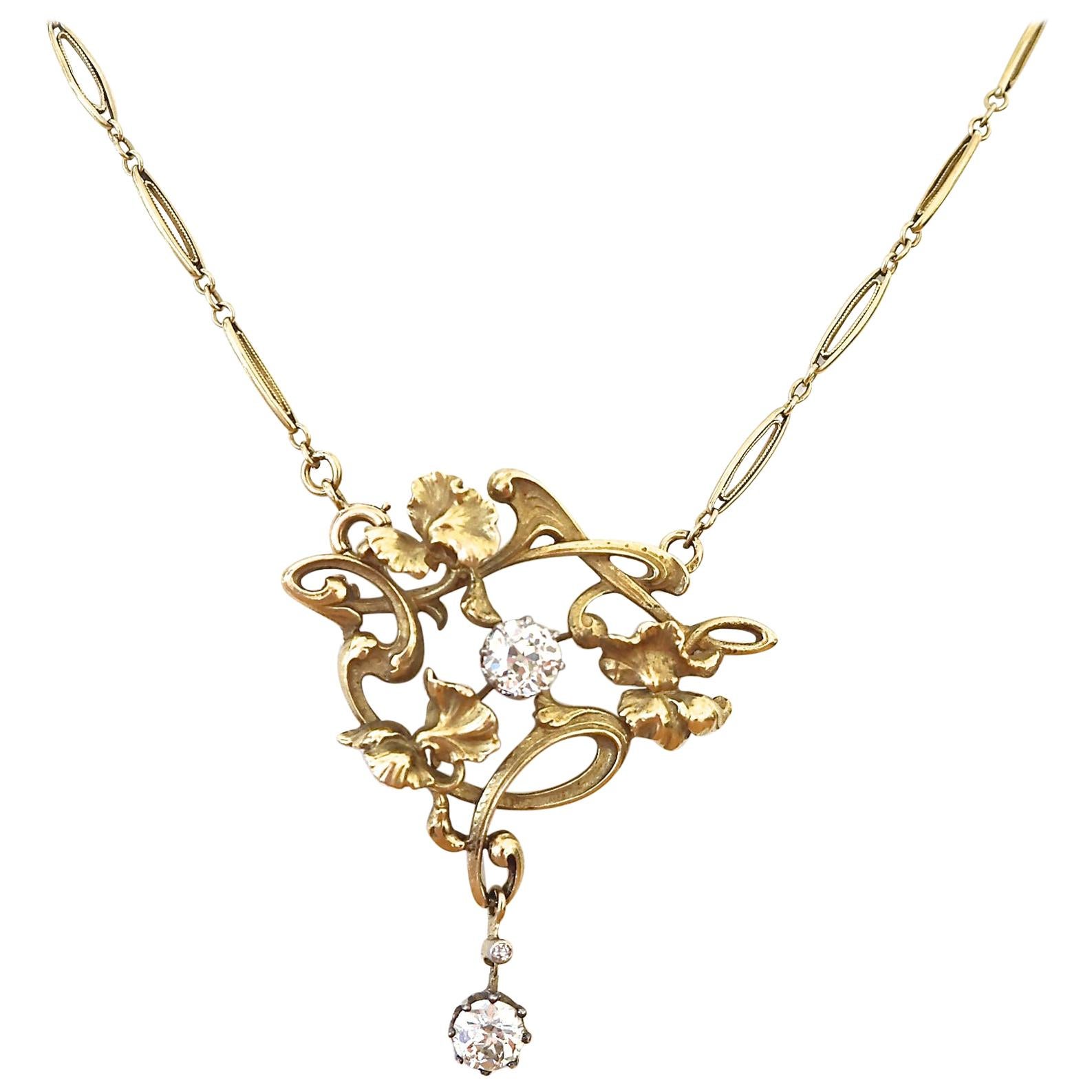 French Belle Epoqué Antique Diamond Gold Pendant Necklace
