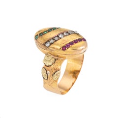 French Belle Epoque Antique Ring Diamond Ruby Emerald Sz 7.5 18k Yellow Gold