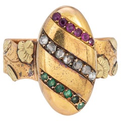 French Belle Epoque Antique Ring Diamond Ruby Emerald Sz 7.5 18k Yellow Gold