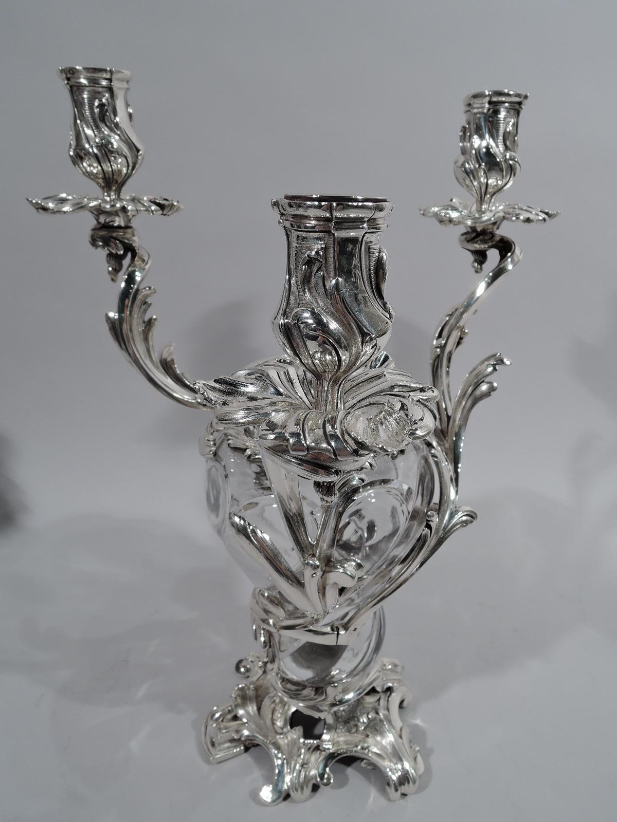 French Belle Époque Baccarat Crystal and Silver Vase 3-Light Candelabra In Excellent Condition In New York, NY