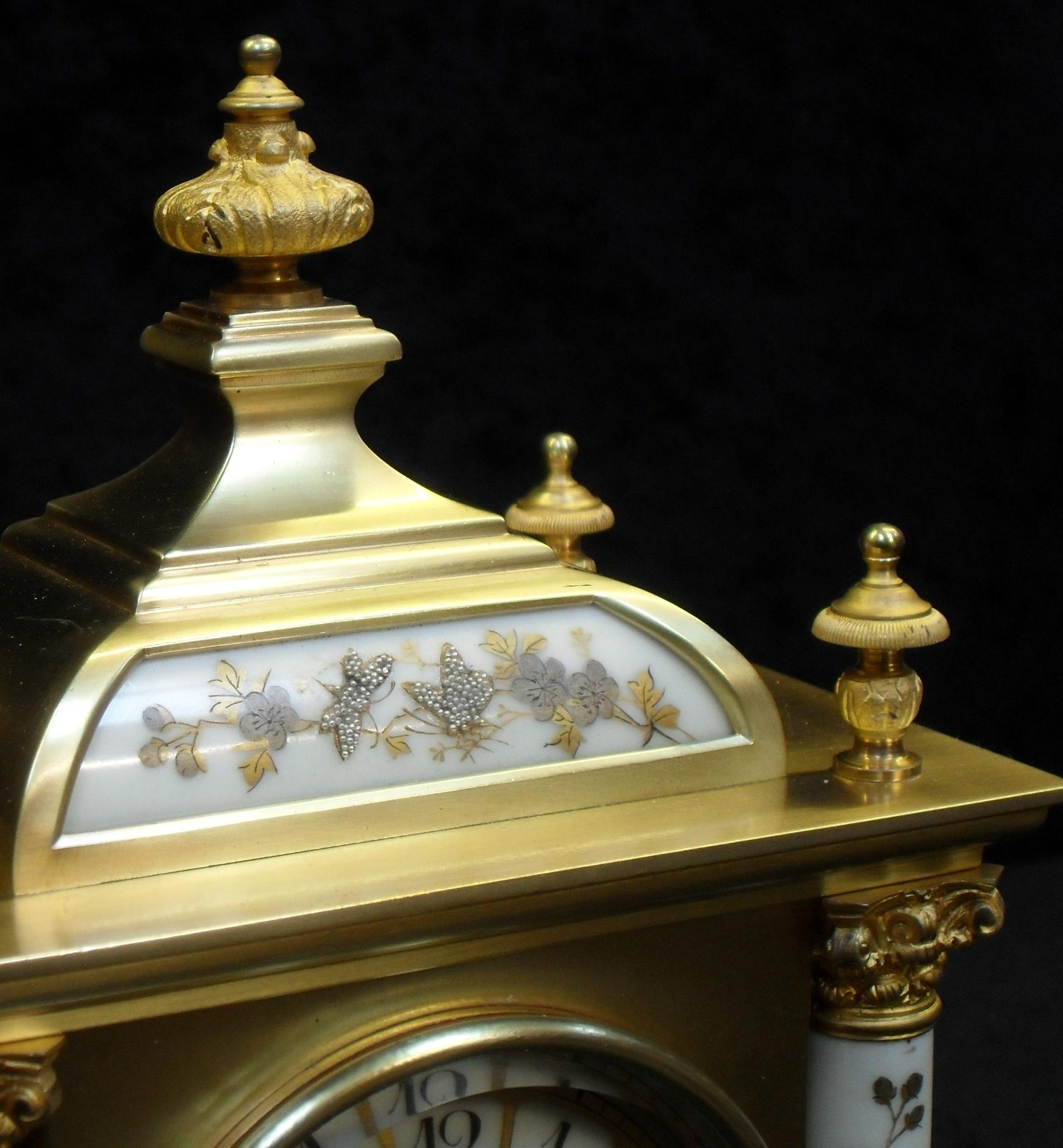 19th Century French Belle Époque Brass and Porcelain Mantel Clock
