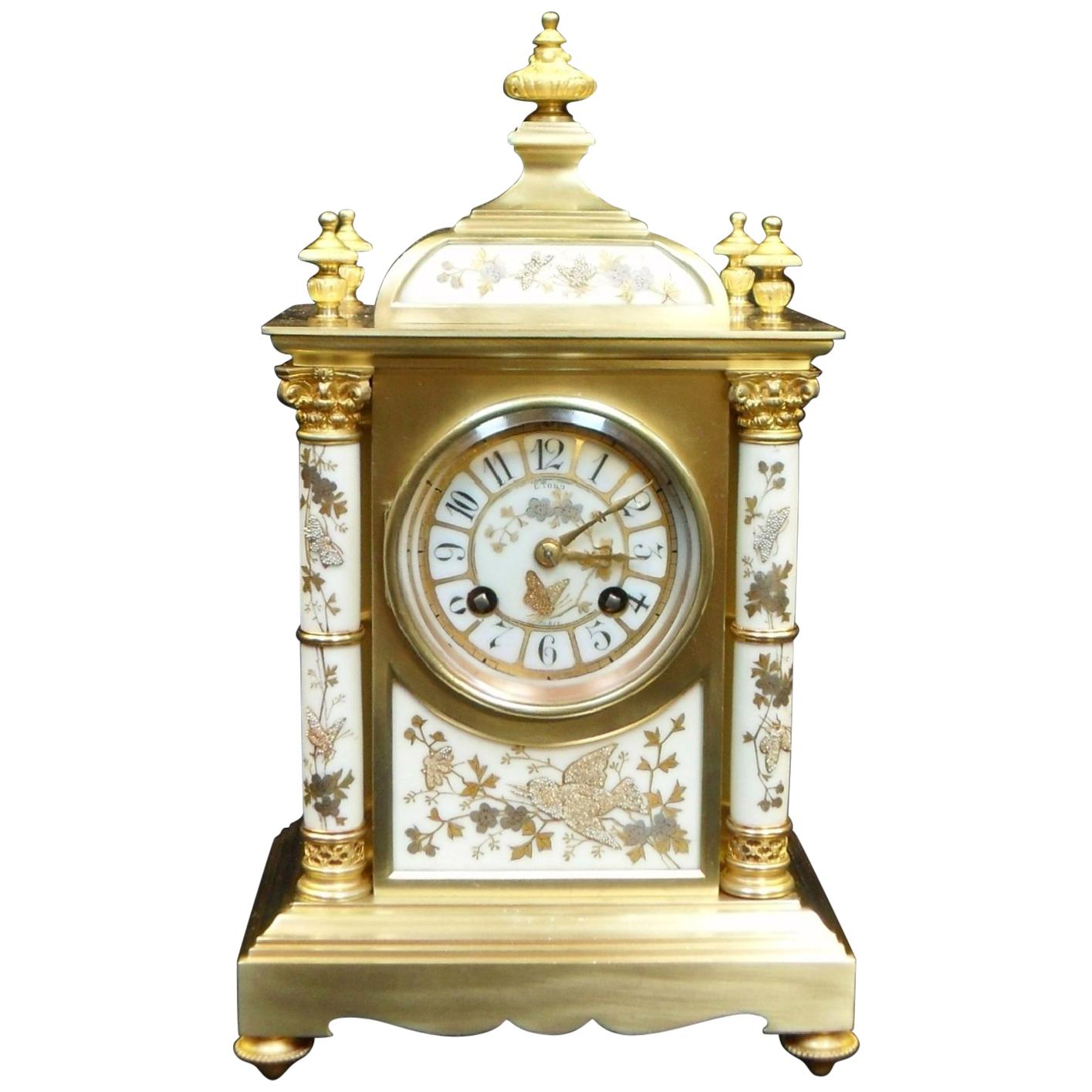 French Belle Époque Brass and Porcelain Mantel Clock