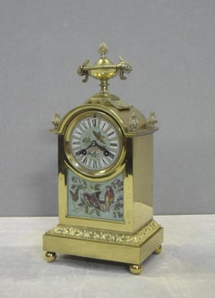 French Belle Époque Brass and Porcelain Mantel Clock Set with Vase Garnitures