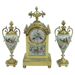 Antique French Belle Époque Brass and Porcelain Mantel Clock Set with Vase Garnitures