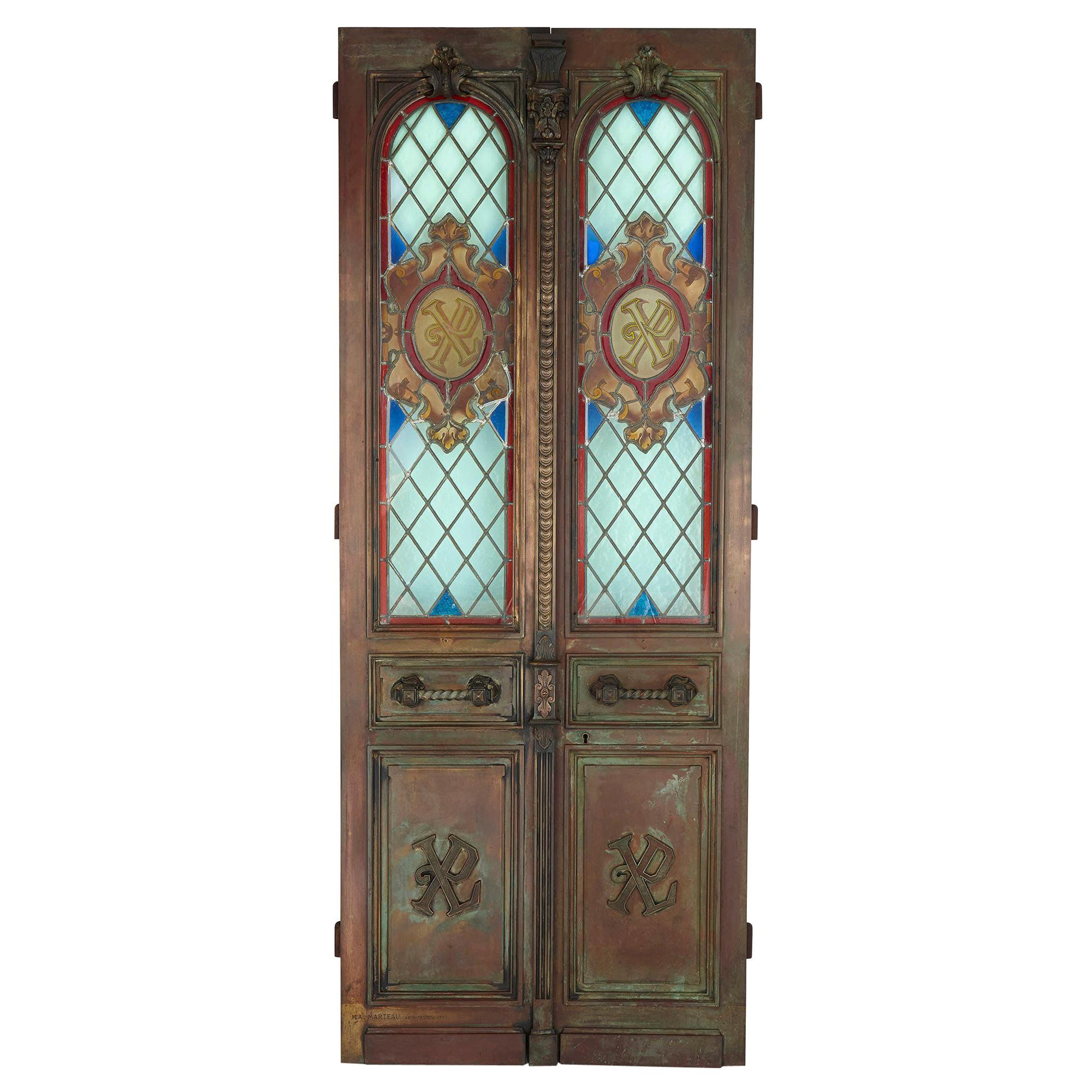 French Belle Époque Bronze and Stained Glass Doors For Sale