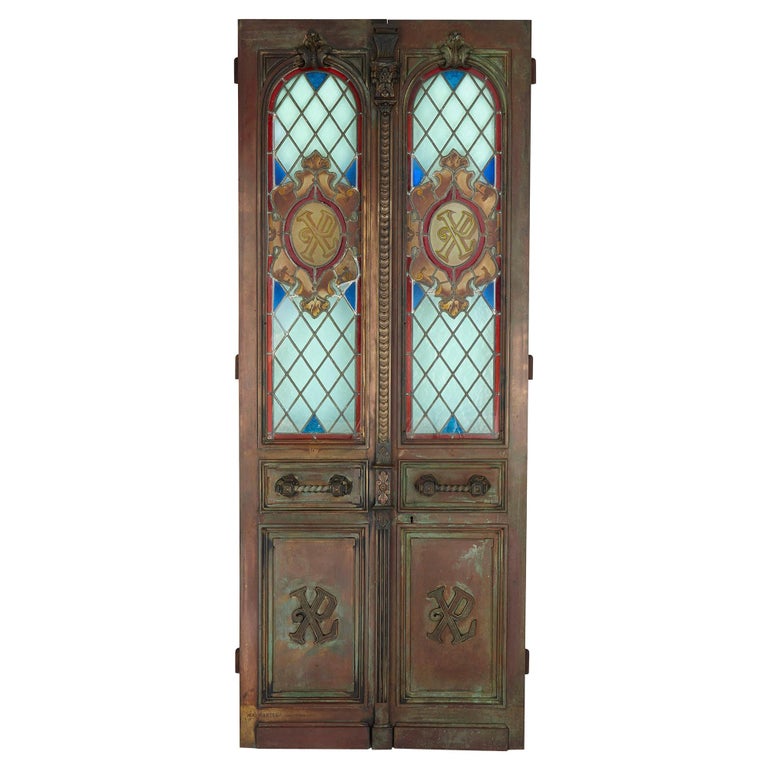 French Belle Époque Bronze and Stained Glass Doors For Sale at 1stDibs | stained  glass patio doors, stained glass french doors, leaded glass french doors