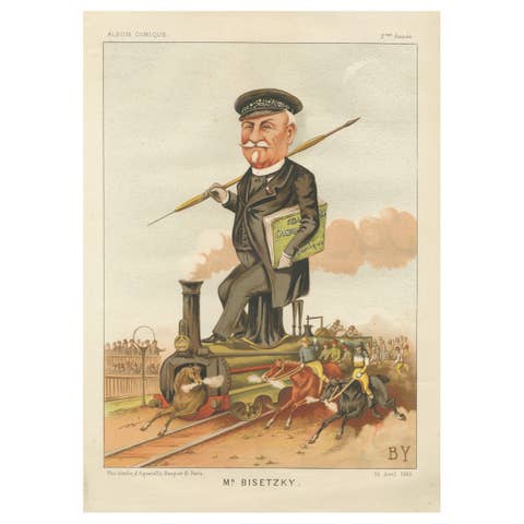 French Belle Époque Caricature, Mr Bisetzky Chromolithograph, Album Comique 1885