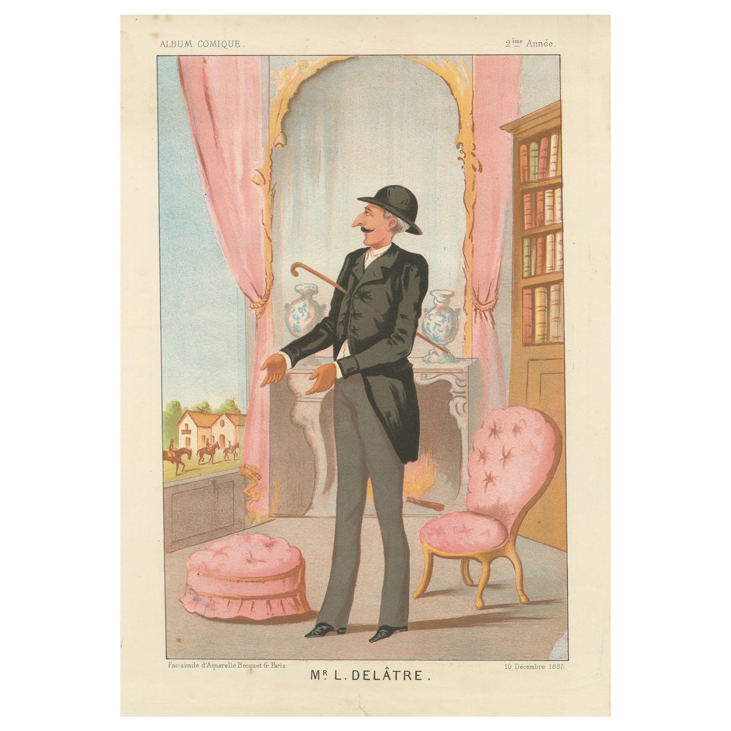 French Belle Époque Caricature, Mr L. Delâtre Chromolithograph, 1885 For Sale