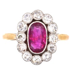 French Belle Epoque Certificated Unheated Burma Ruby and Diamond Cluster Ring