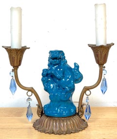 French Belle Époque Chinoiserie Foo Dog Candelabra Lamp, Turquoise Flambé