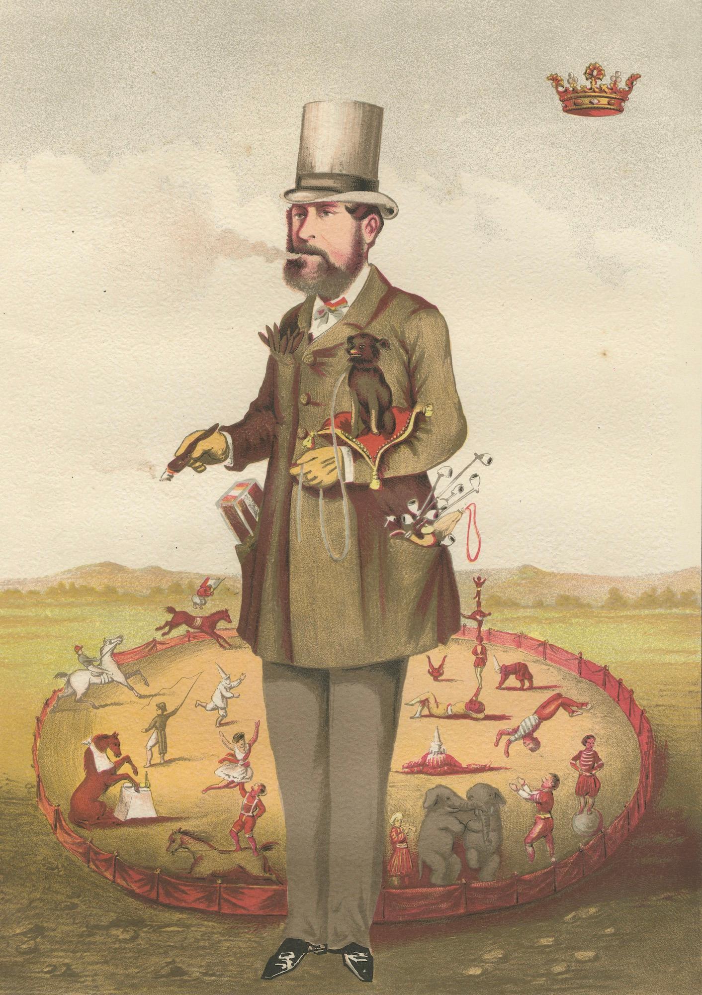 French Belle Époque Circus Caricature, Marquis Maison Chromolitho Print, 1885
