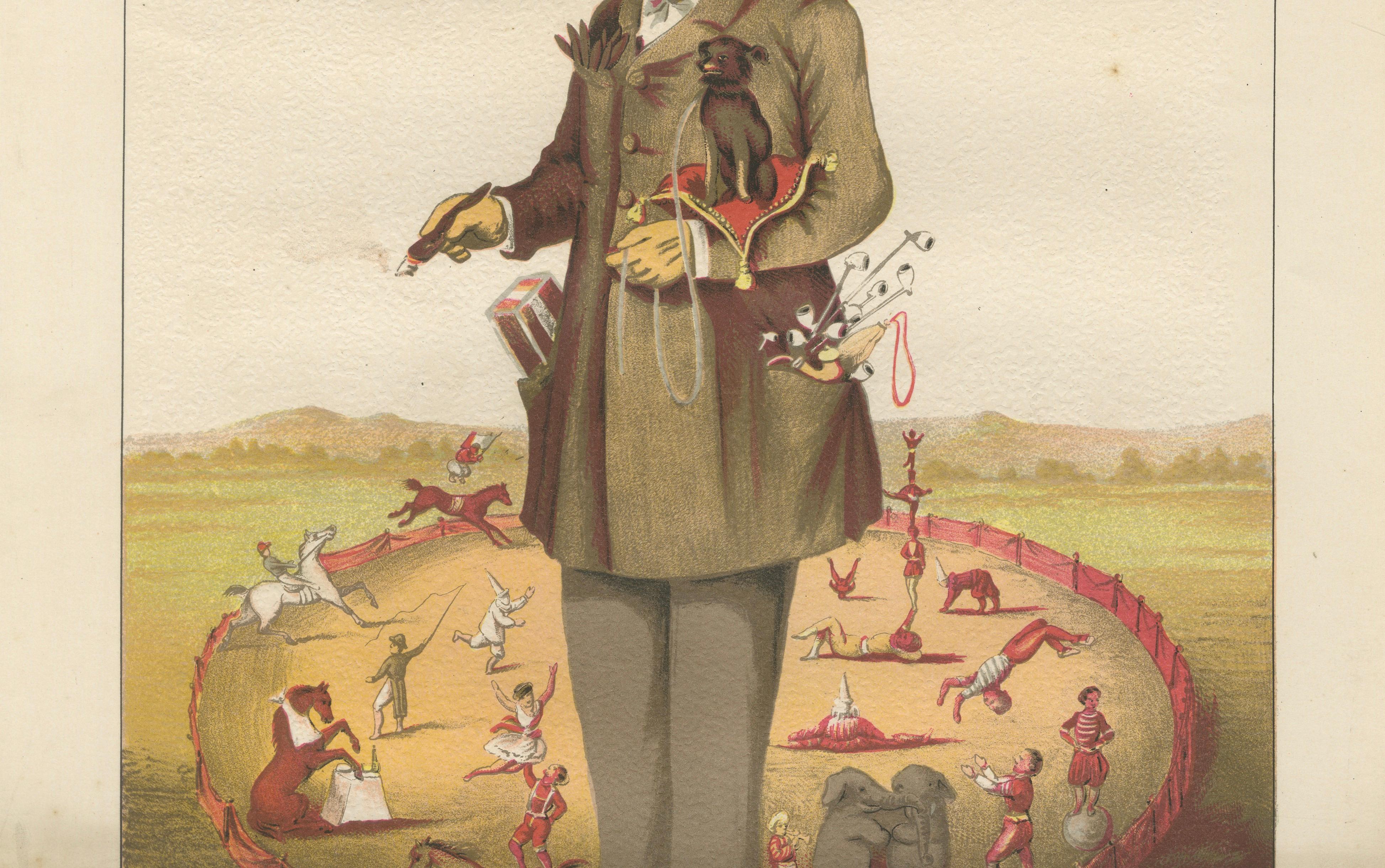 French Belle Époque Circus Caricature, Marquis Maison Chromolitho Print, 1885