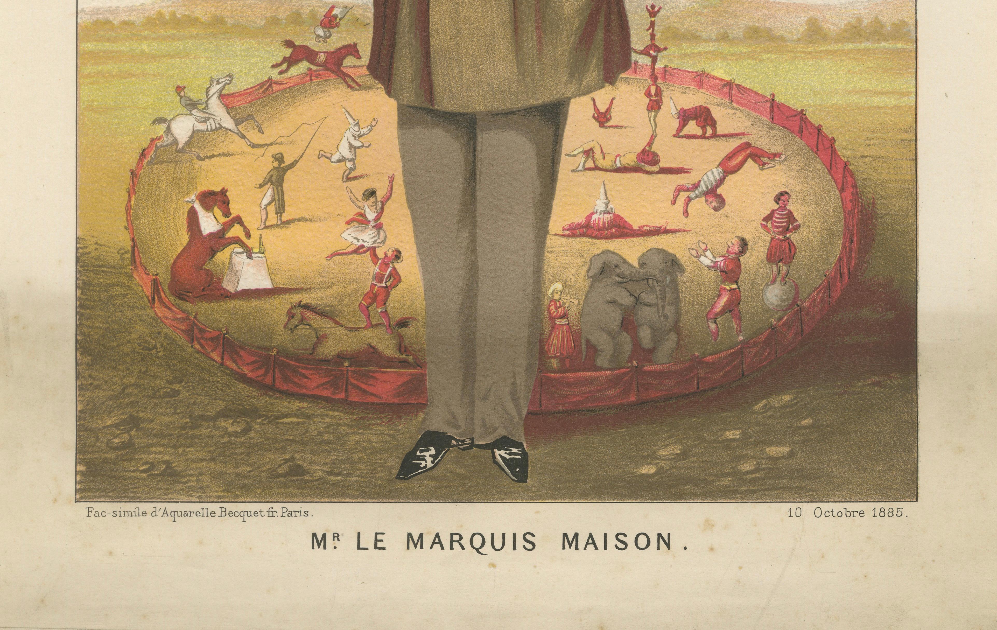 French Belle Époque Circus Caricature, Marquis Maison Chromolitho Print, 1885