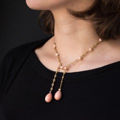 French "Belle Époque" Coral Angel Skin Diamond Yellow Gold "Negligé" Necklace