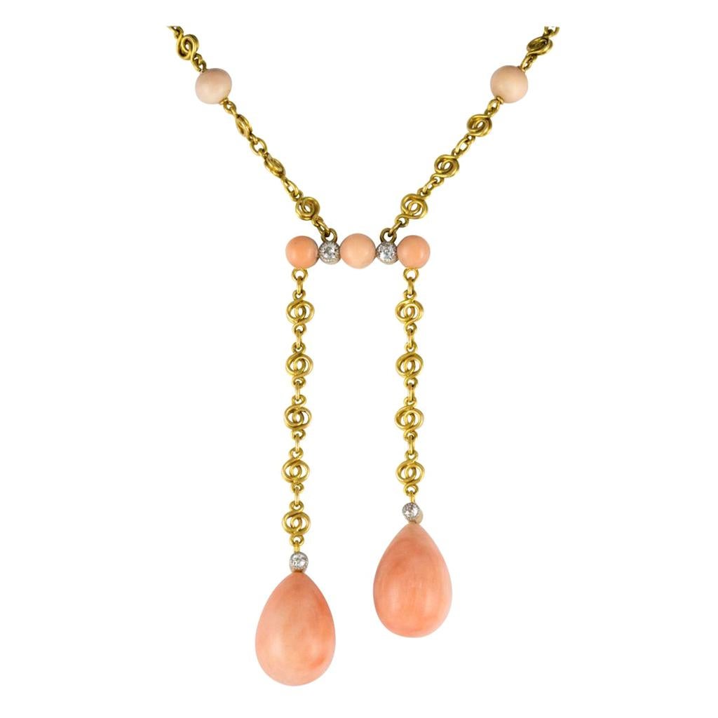 French "Belle Époque" Coral Angel Skin Diamond Yellow Gold "Negligé" Necklace For Sale