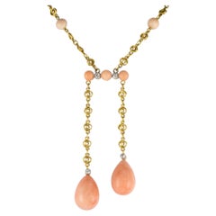 French "Belle Époque" Coral Angel Skin Diamond Yellow Gold "Negligé" Necklace