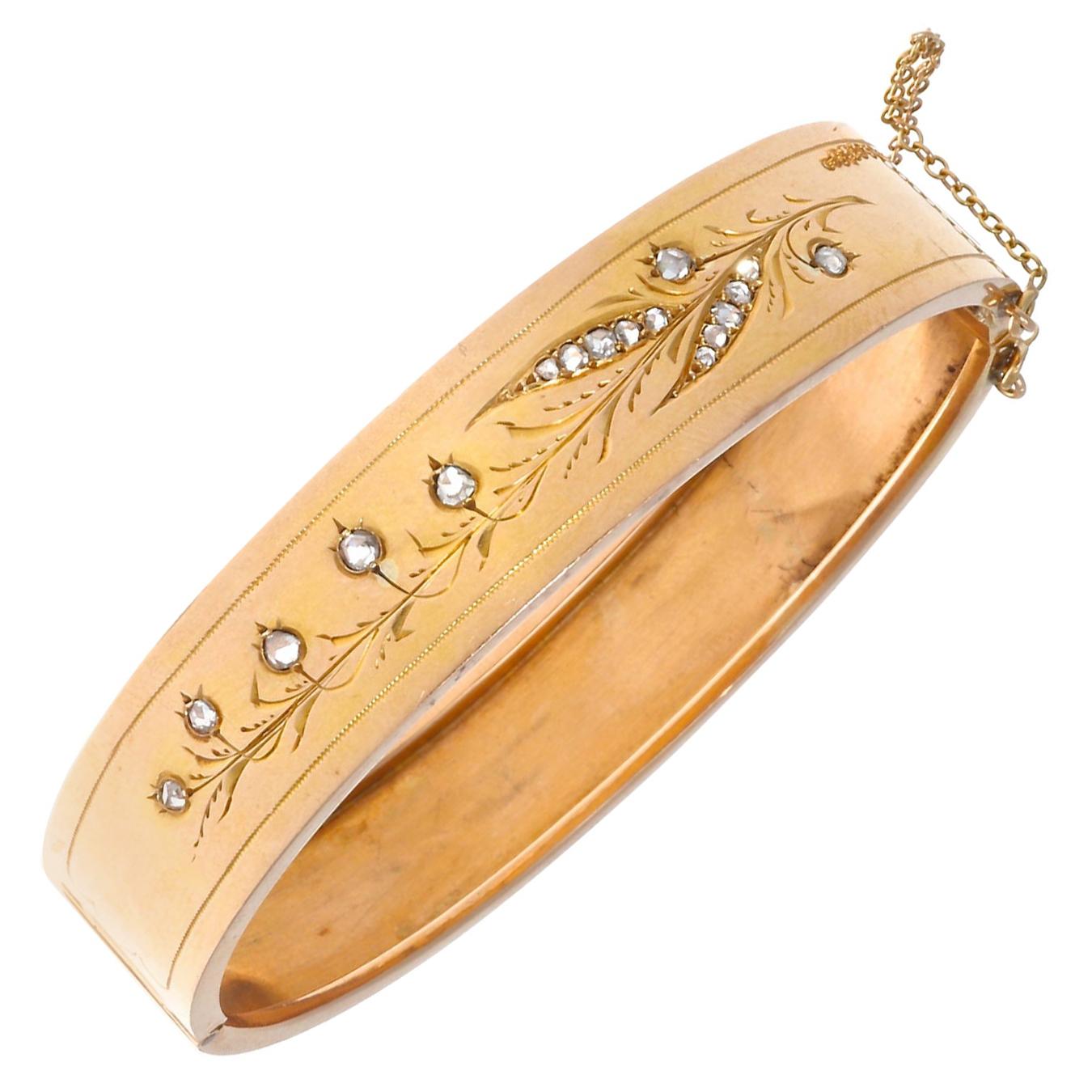 French Belle Époque Diamond 18 Karat Gold Bangle Bracelet