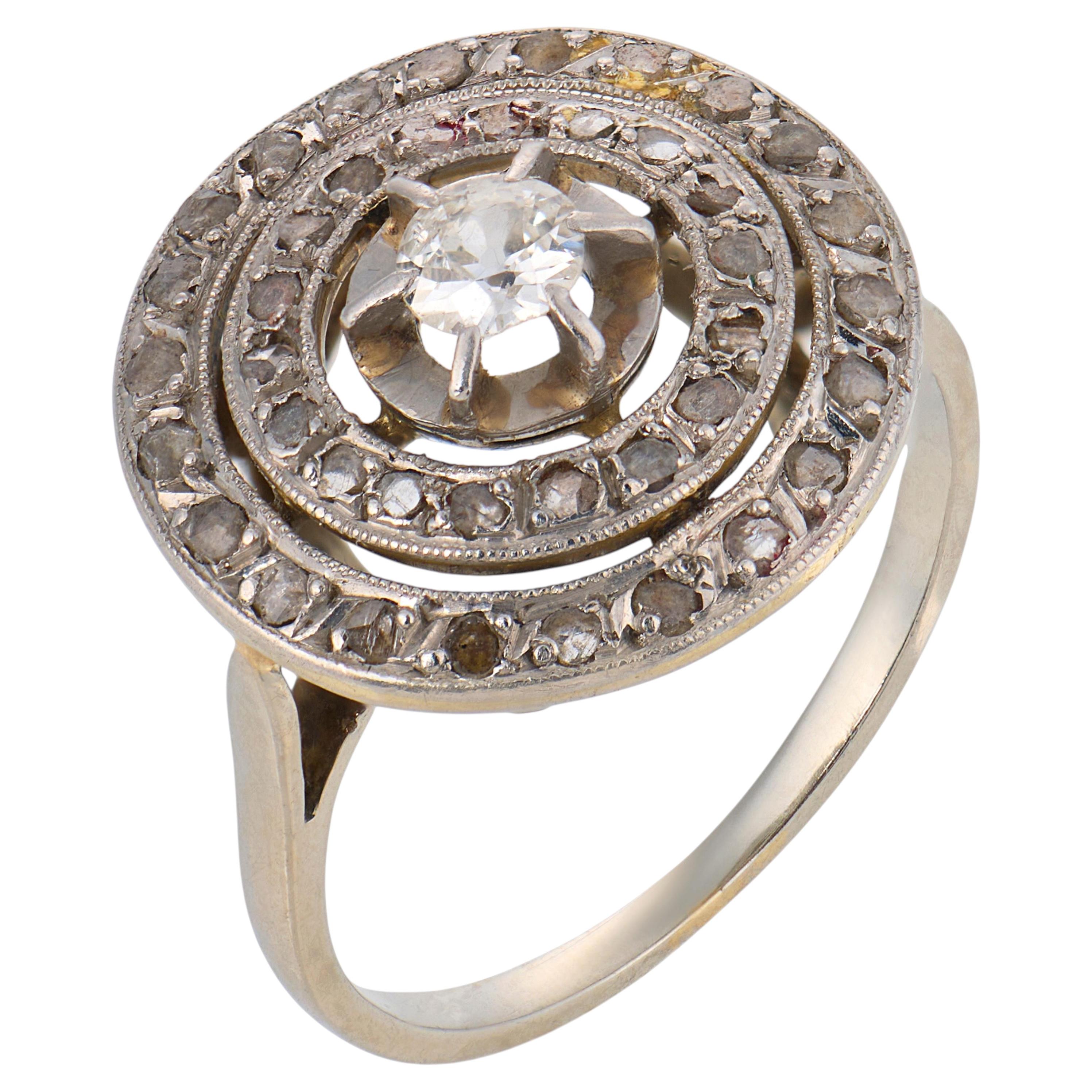 French Belle Epoque diamond 18k white gold target ring For Sale