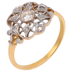 French Belle Époque diamond 18k yellow gold platinum flower ring