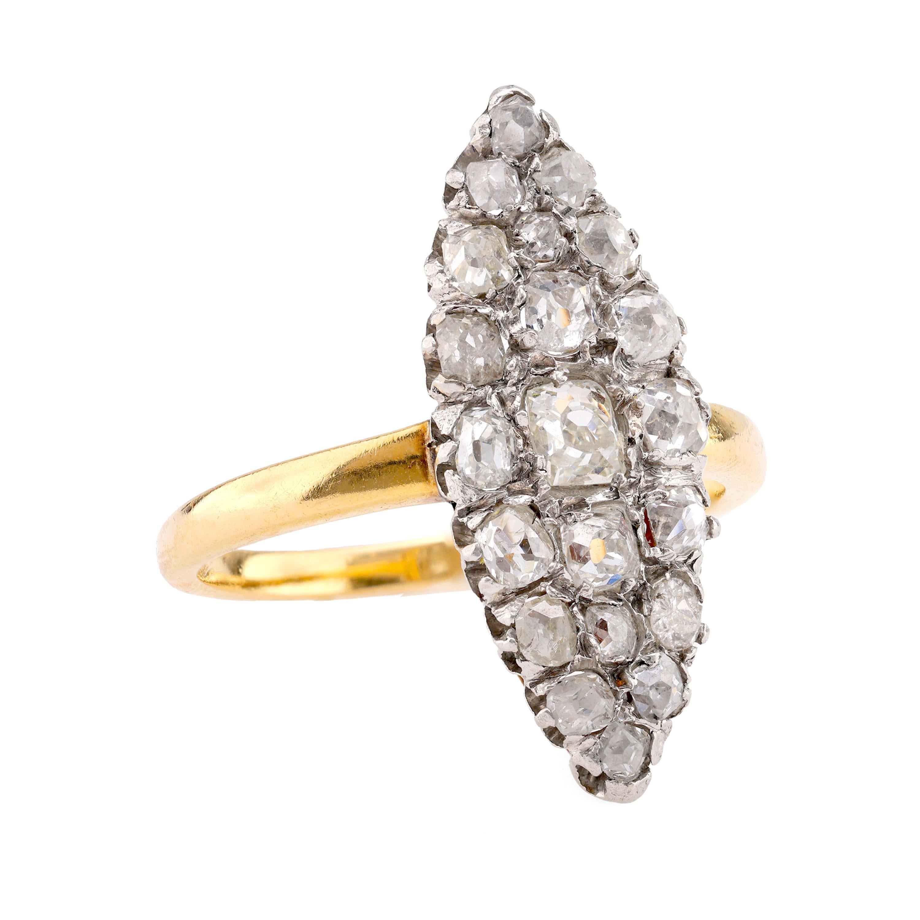 Taille vieille mine Bague française Belle Époque en or jaune 18 carats avec diamants