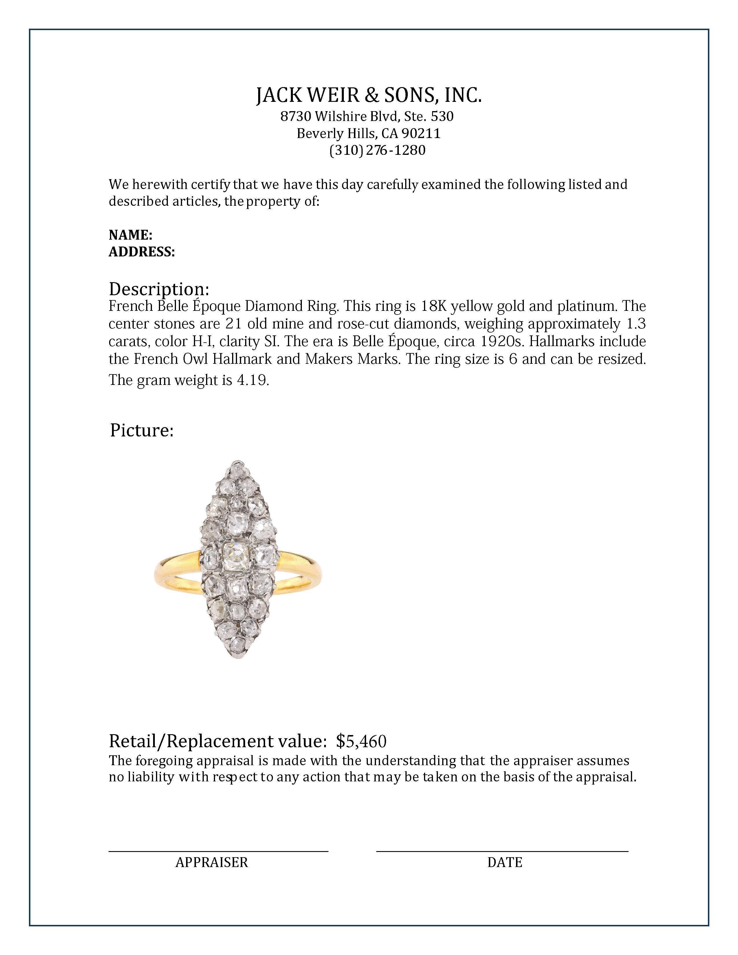  Bague française Belle Époque en or jaune 18 carats avec diamants Unisexe 