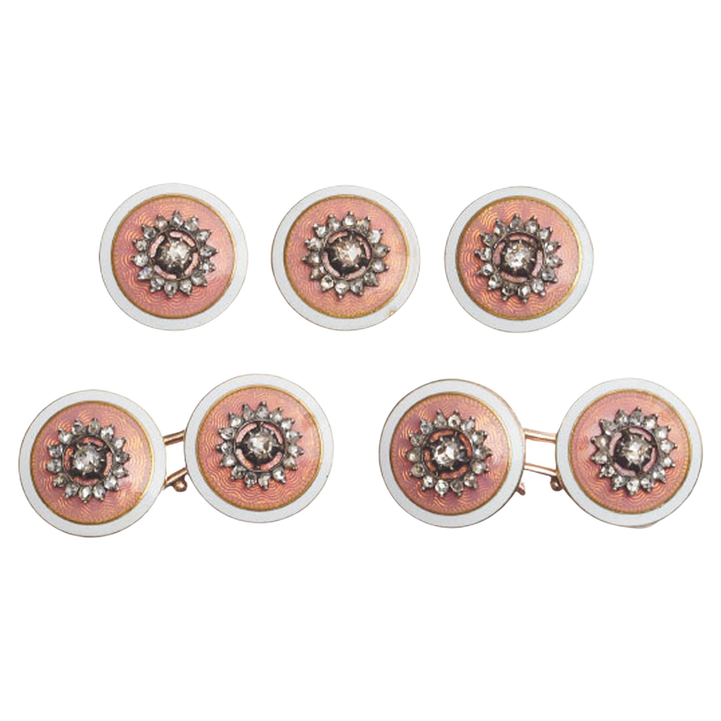 French Belle Époque Diamond Enamel Silver and Gold Dress Set, Circa 1920