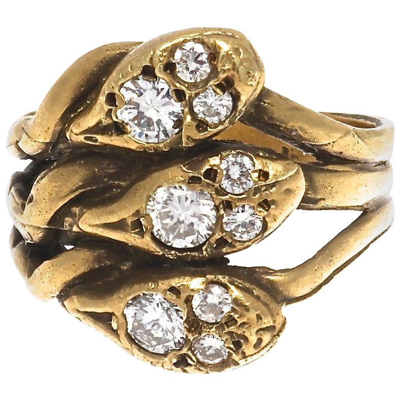 French Belle Epoque Diamond Gold Snake Ring
