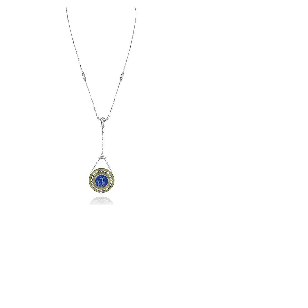 Women's French Belle Époque Diamond Pearl Platinum and Enamel Pendant Watch Necklace