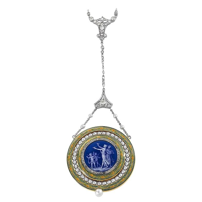 French Belle Époque Diamond Pearl Platinum and Enamel Pendant Watch Necklace