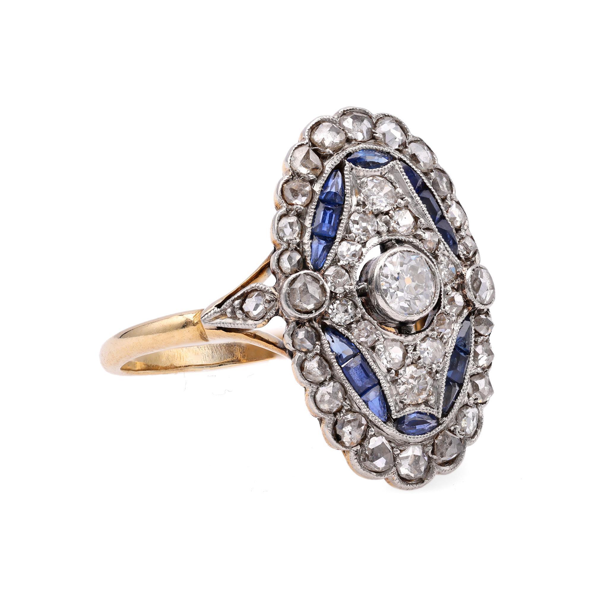 Belle Époque French Belle Epoque Diamond Sapphire Gold and Platinum Ring For Sale