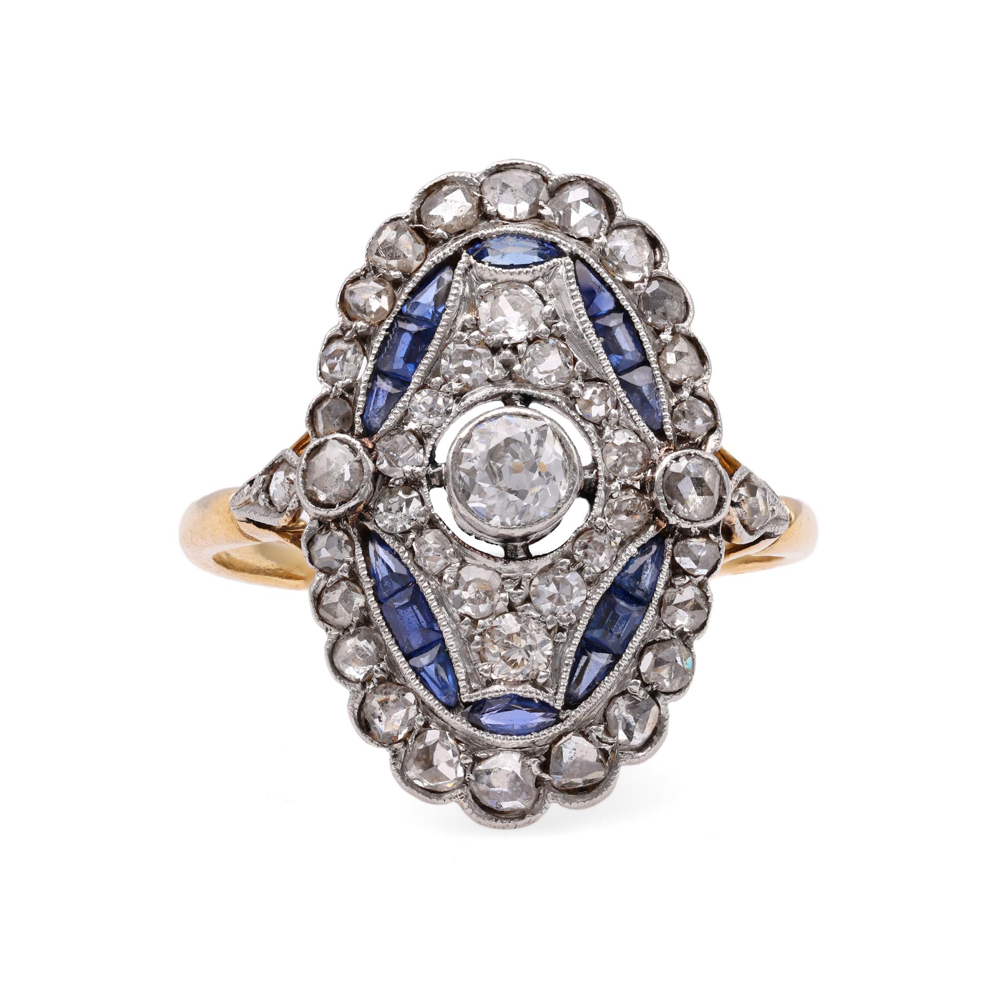Old European Cut French Belle Epoque Diamond Sapphire Gold and Platinum Ring For Sale