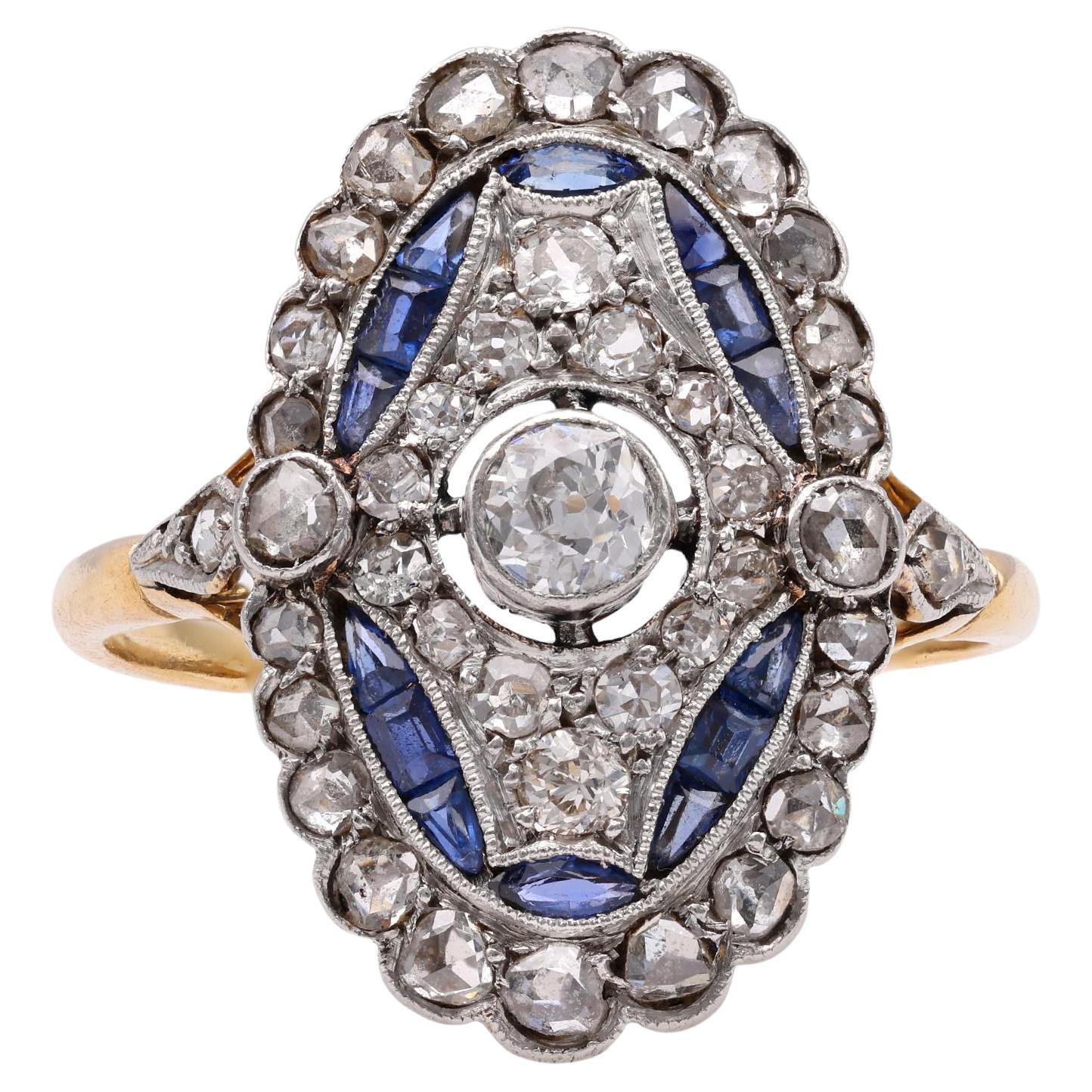 French Belle Epoque Diamond Sapphire Gold and Platinum Ring For Sale