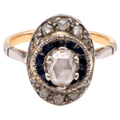 French Belle Epoque Diamond Sapphire Yellow Gold 
White Gold Cluster Ring