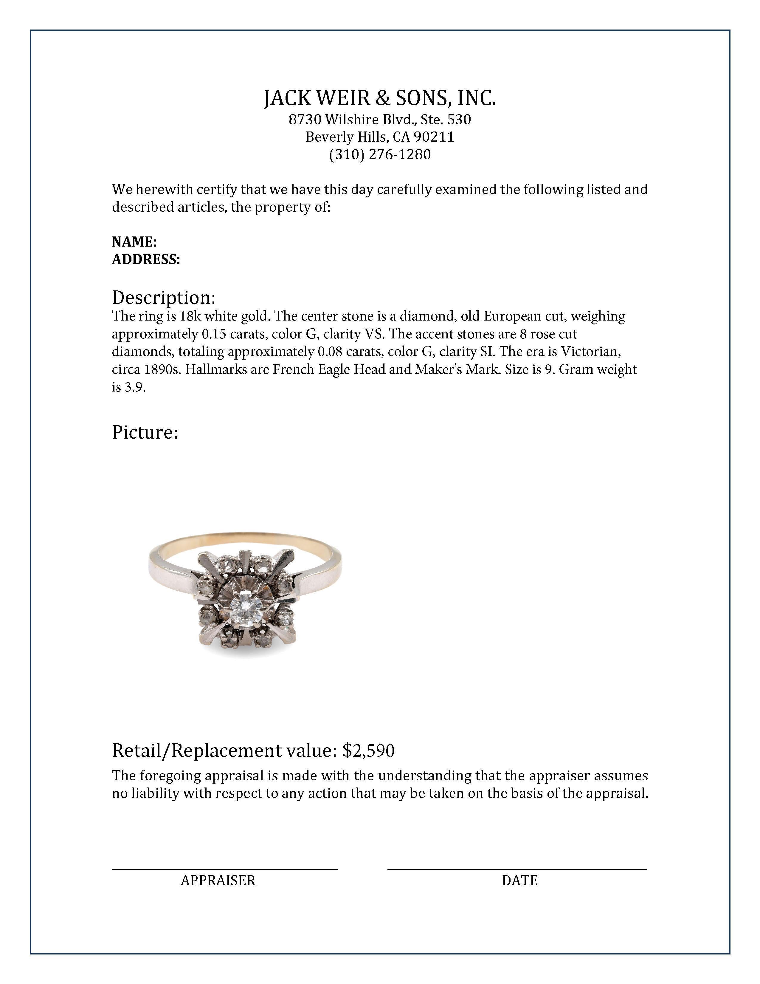 Old European Cut French Belle Epoque Diamond White Gold Halo Ring For Sale