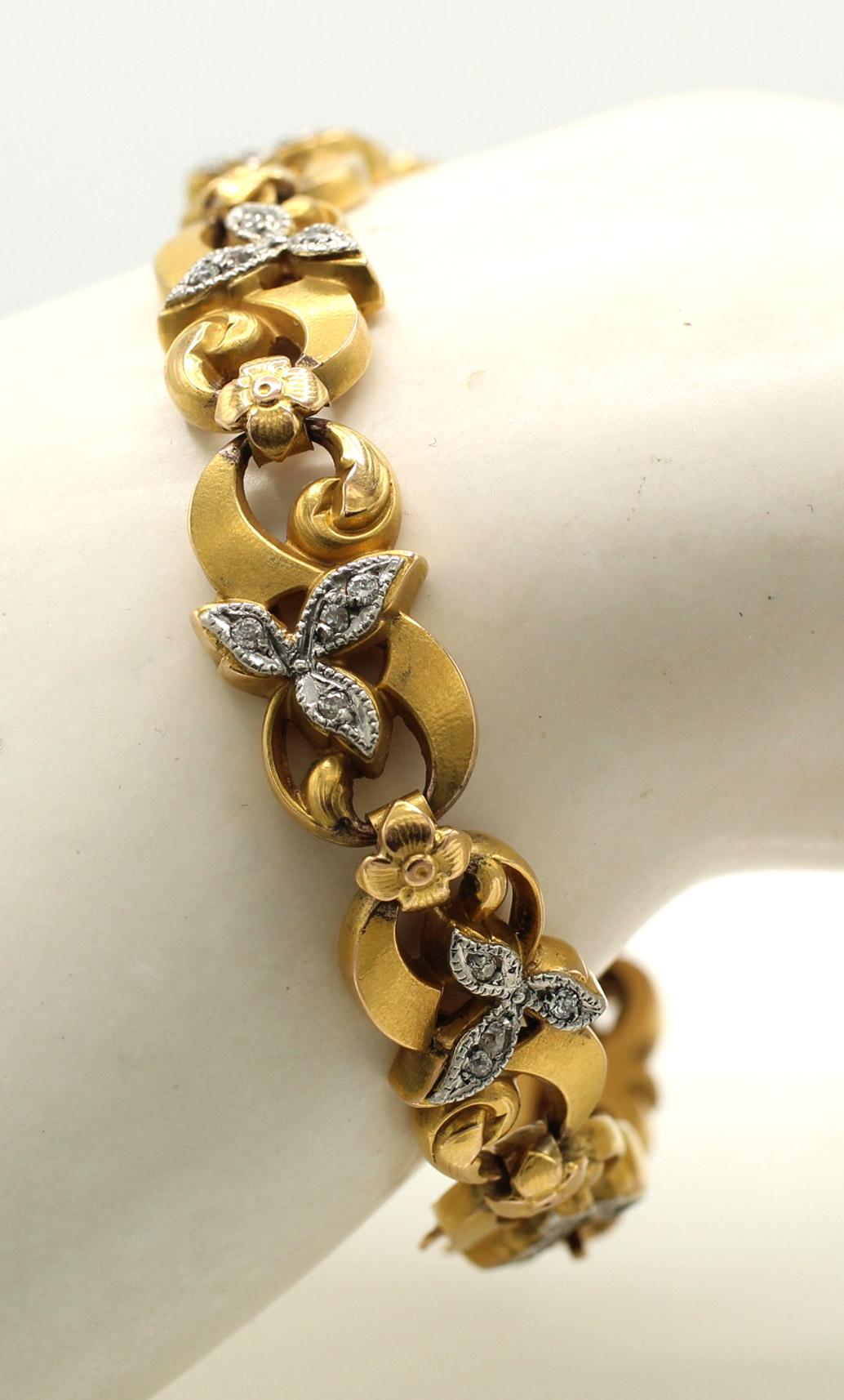 Taglio vecchia miniera Bracciale francese Belle Époque con diamanti in oro giallo e platino in vendita