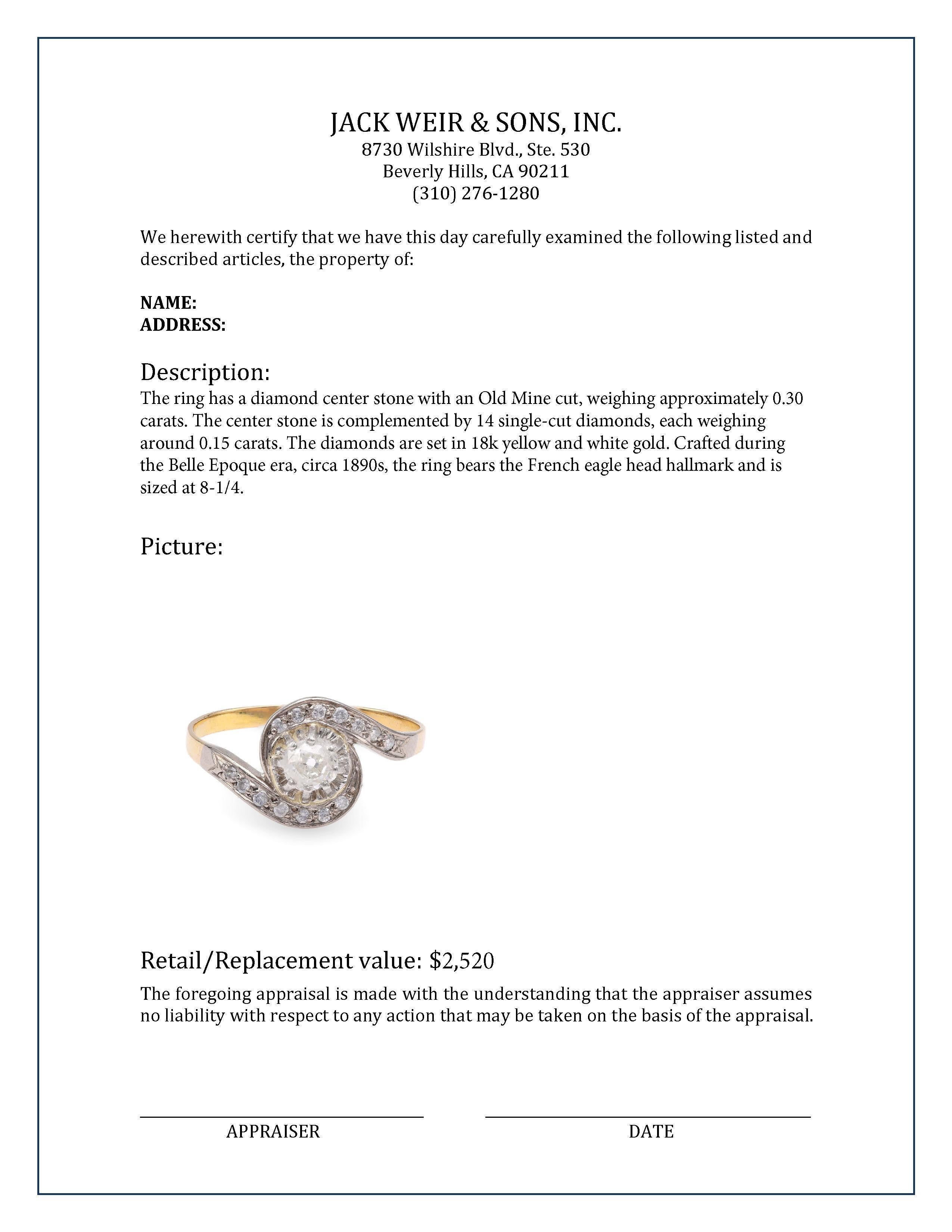 Anillo Remolino French Belle Epoque Diamante Oro Amarillo en Excelente Estado en Beverly Hills, CA