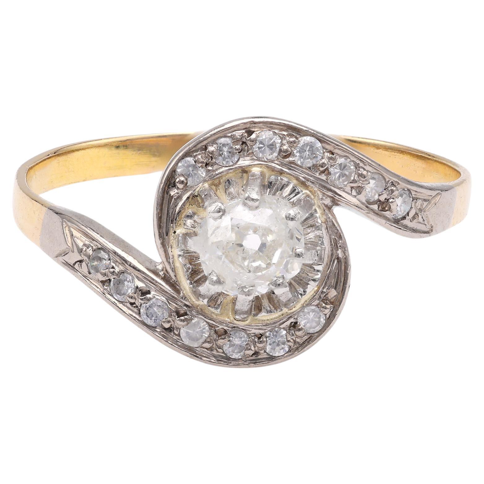 French Belle Epoque Diamond Yellow gold Swirl Ring For Sale