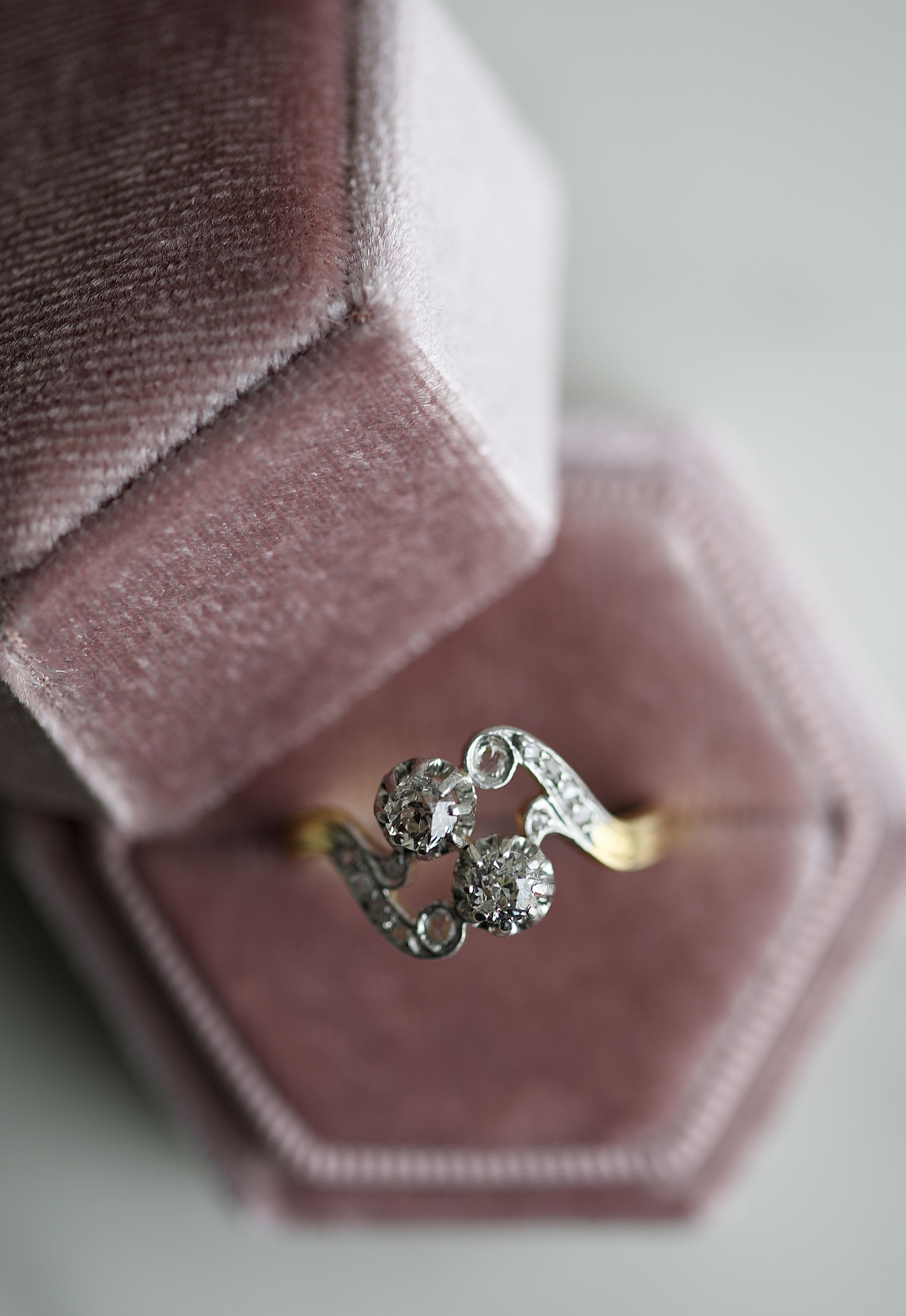 Old European Cut French Belle Epoque Diamond Yellow Gold Toi Et Moi Ring