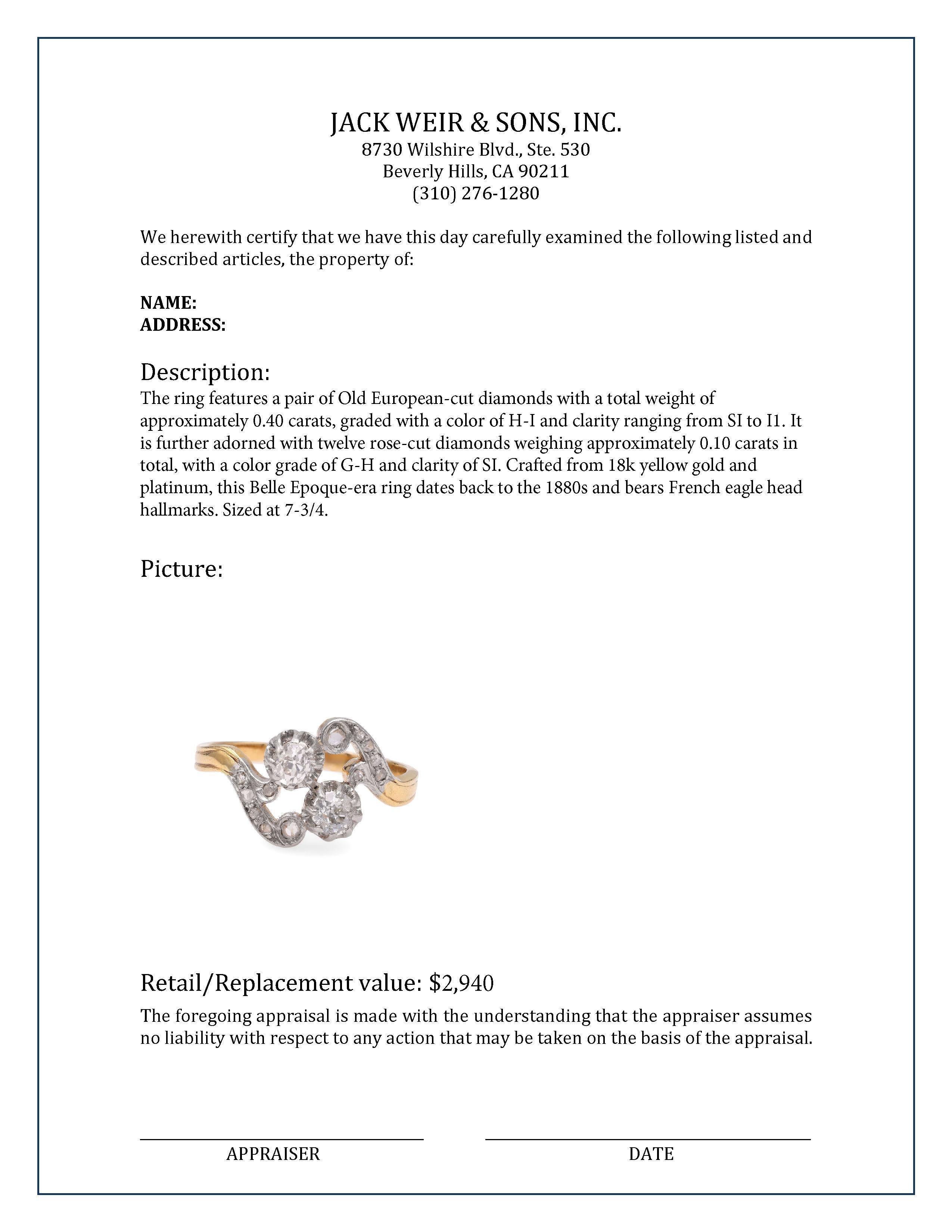 French Belle Epoque Diamond Yellow Gold Toi Et Moi Ring In Excellent Condition In Beverly Hills, CA