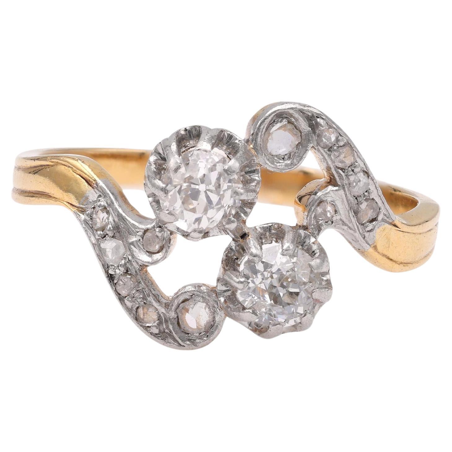 French Belle Epoque Diamond Yellow Gold Toi Et Moi Ring For Sale