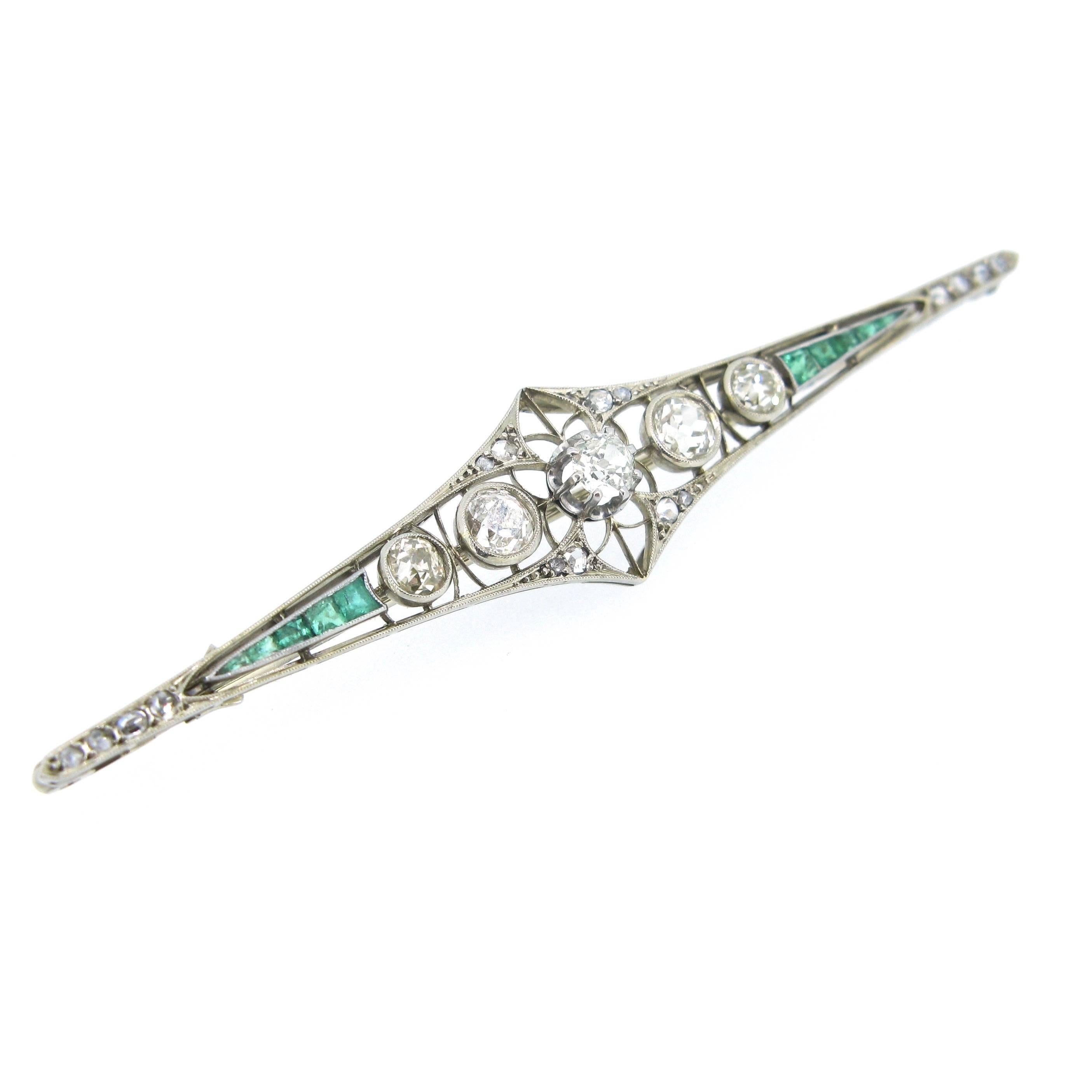 Old European Cut French Belle Époque Diamonds and Emeralds White Gold Brooch