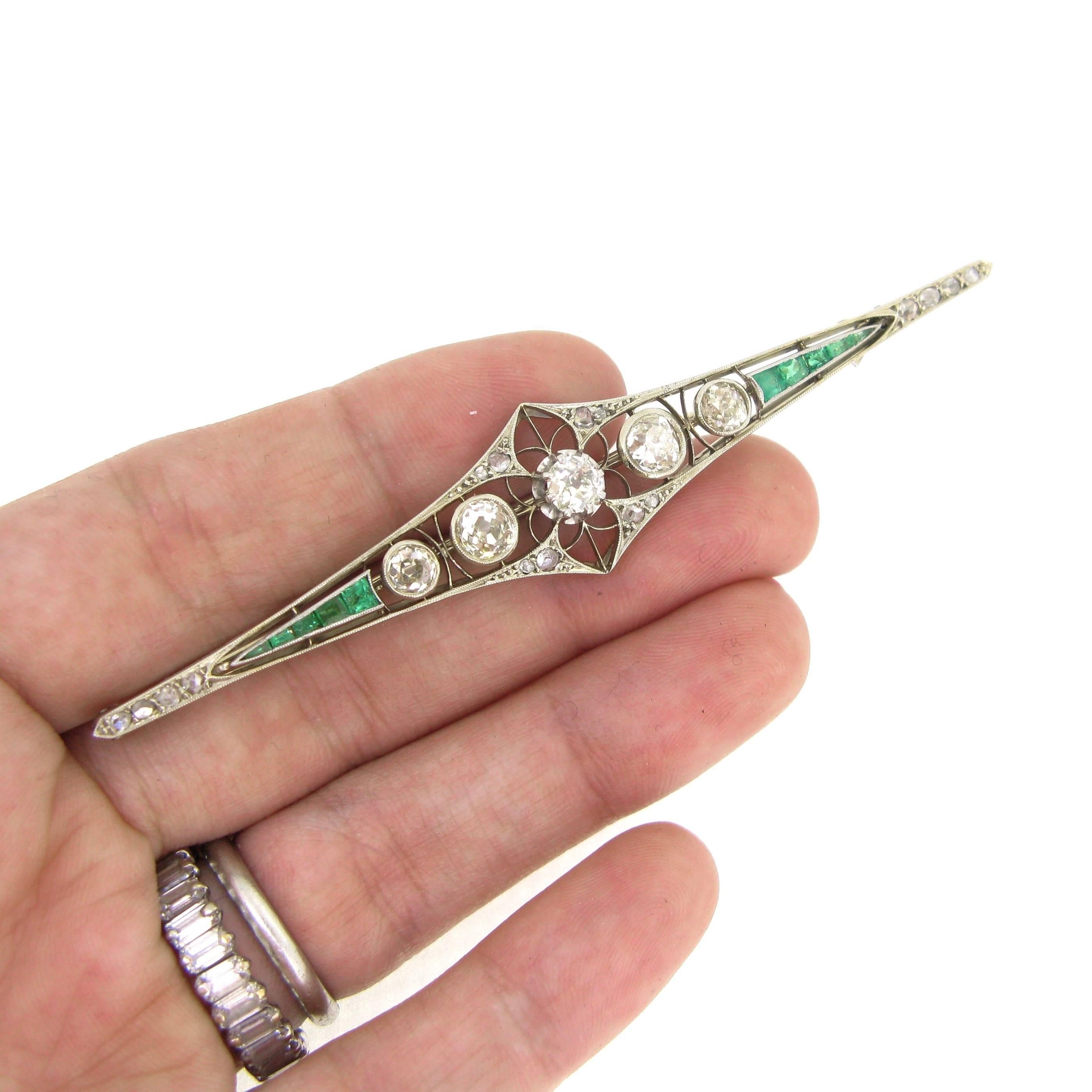 Women's or Men's French Belle Époque Diamonds and Emeralds White Gold Brooch