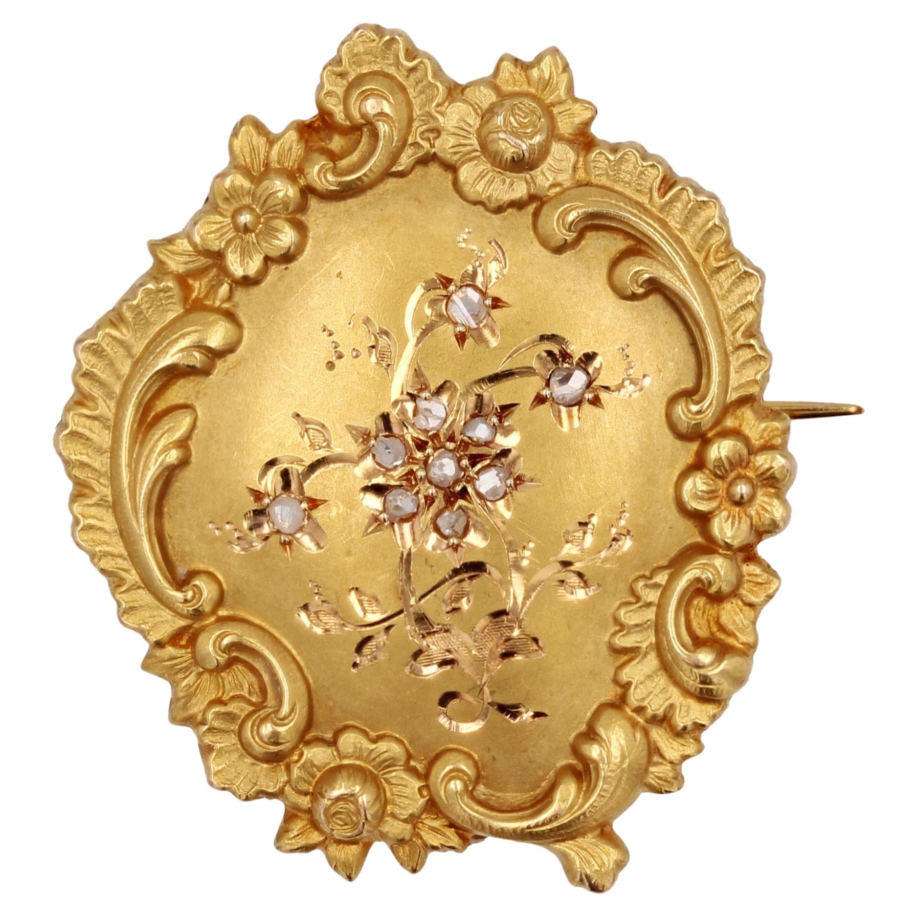 French Belle Epoque Diamonds Floral Pattern 18 Karat Yellow Gold Brooch For Sale
