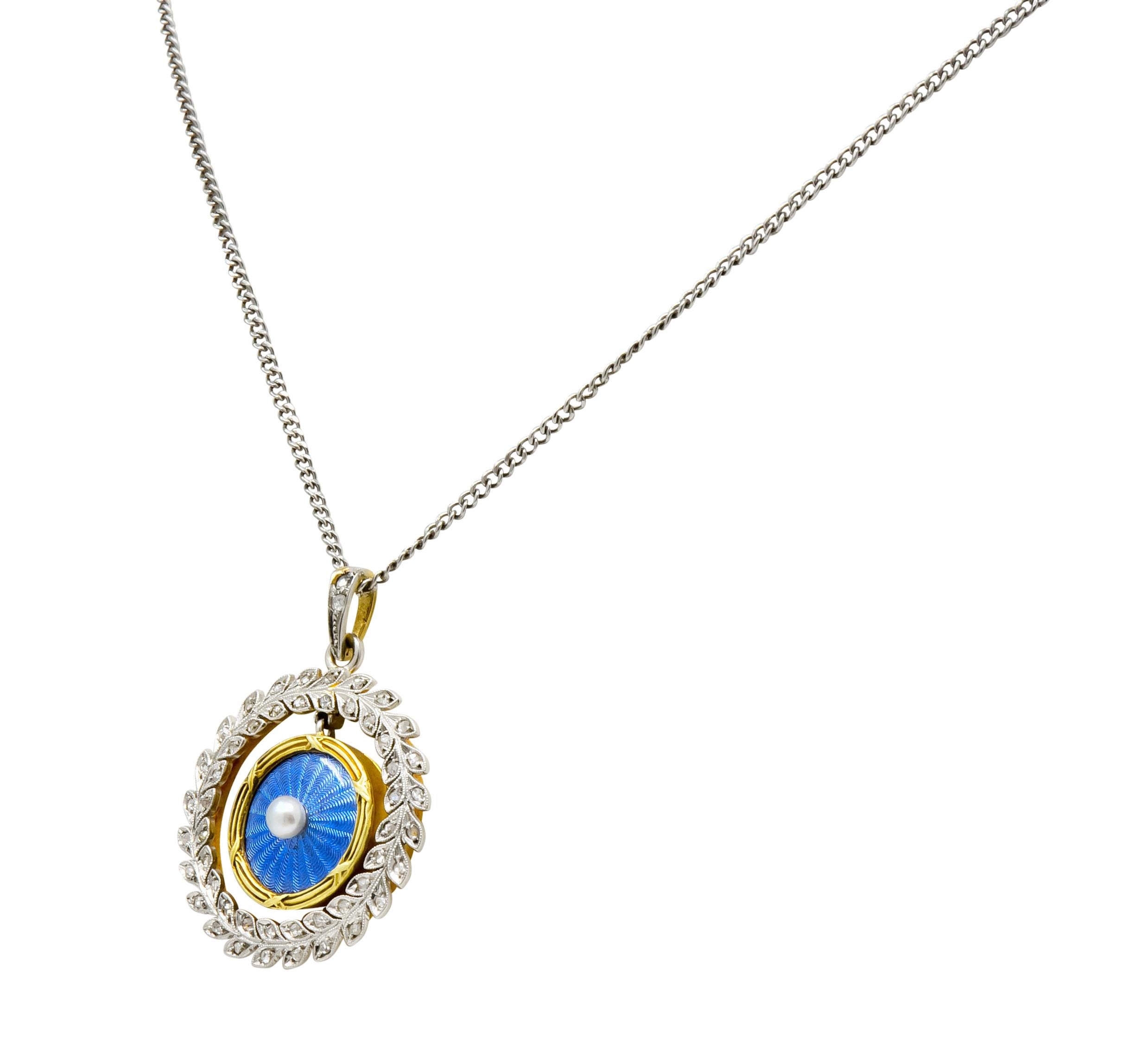 French Belle Époque Edwardian Diamond Enamel Platinum 18 Karat Gold Necklace In Excellent Condition In Philadelphia, PA