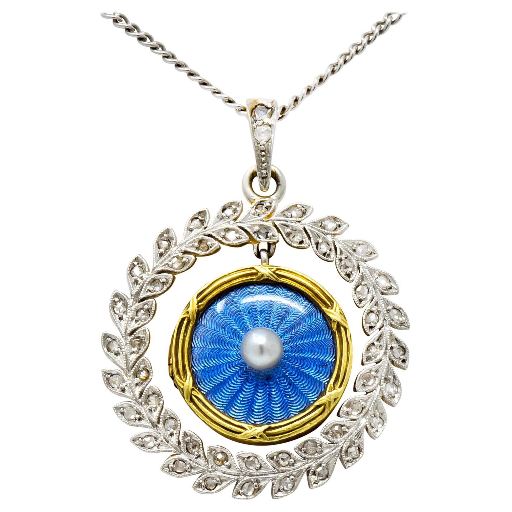 French Belle Époque Edwardian Diamond Enamel Platinum 18 Karat Gold Necklace