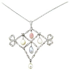 Antique French Belle Époque Edwardian Natural Pearls Rose Cut Diamonds Garland Necklace