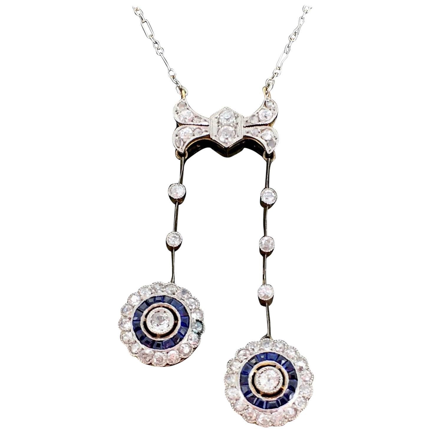 French Belle Époque Edwardian Sapphires and Diamonds Chain Neglige Necklace